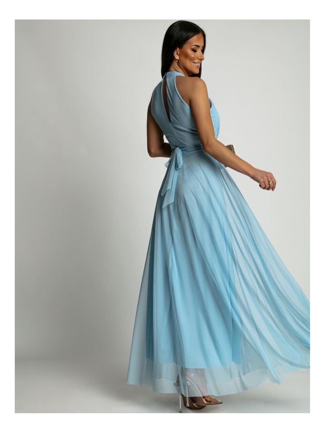 Elegant dress with tulle bottom, blue AZR156